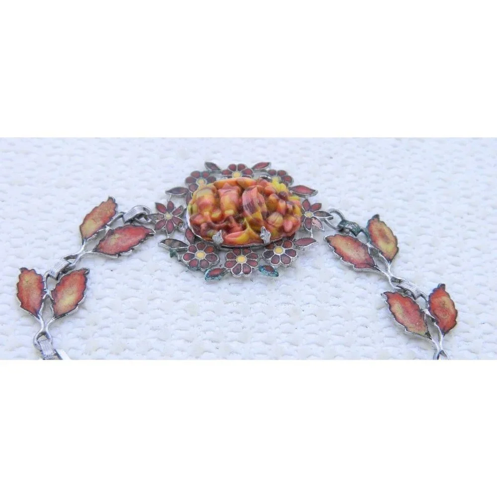 Silver Tone Art Nouveau Style Orange Yellow